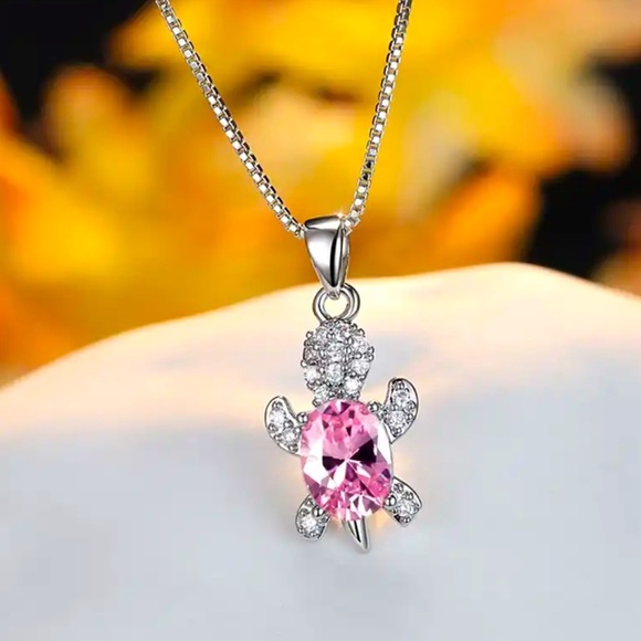 Urban Outfitters Jewelry - “Just Keep Swimming” Pink Gemstone Turtle Diamond Sterling Silver Gift Necklace